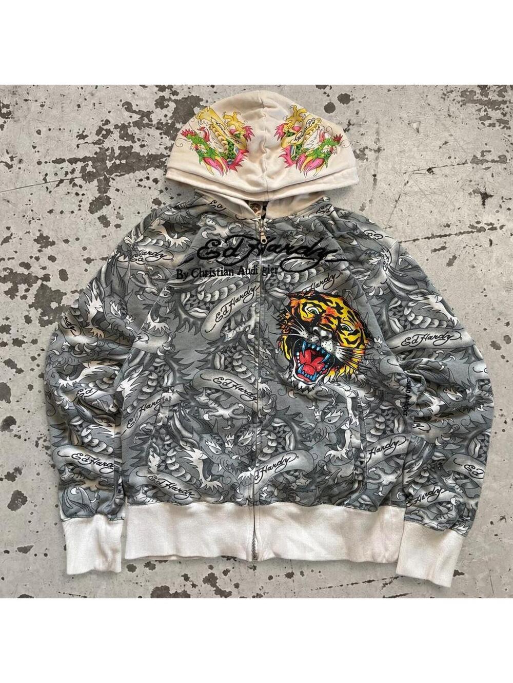 Mens Rare Y2K vintage AOP Ed Hardy zip up hoodie SIze L